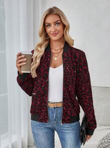 SHEIN LUNE Áo khoác bóng chày họa tiết da báo dành cho nữ cho ngày trở lại trường/ngày thể thao, mùa thu đông - Màu Đỏ Sâu - Xem 4