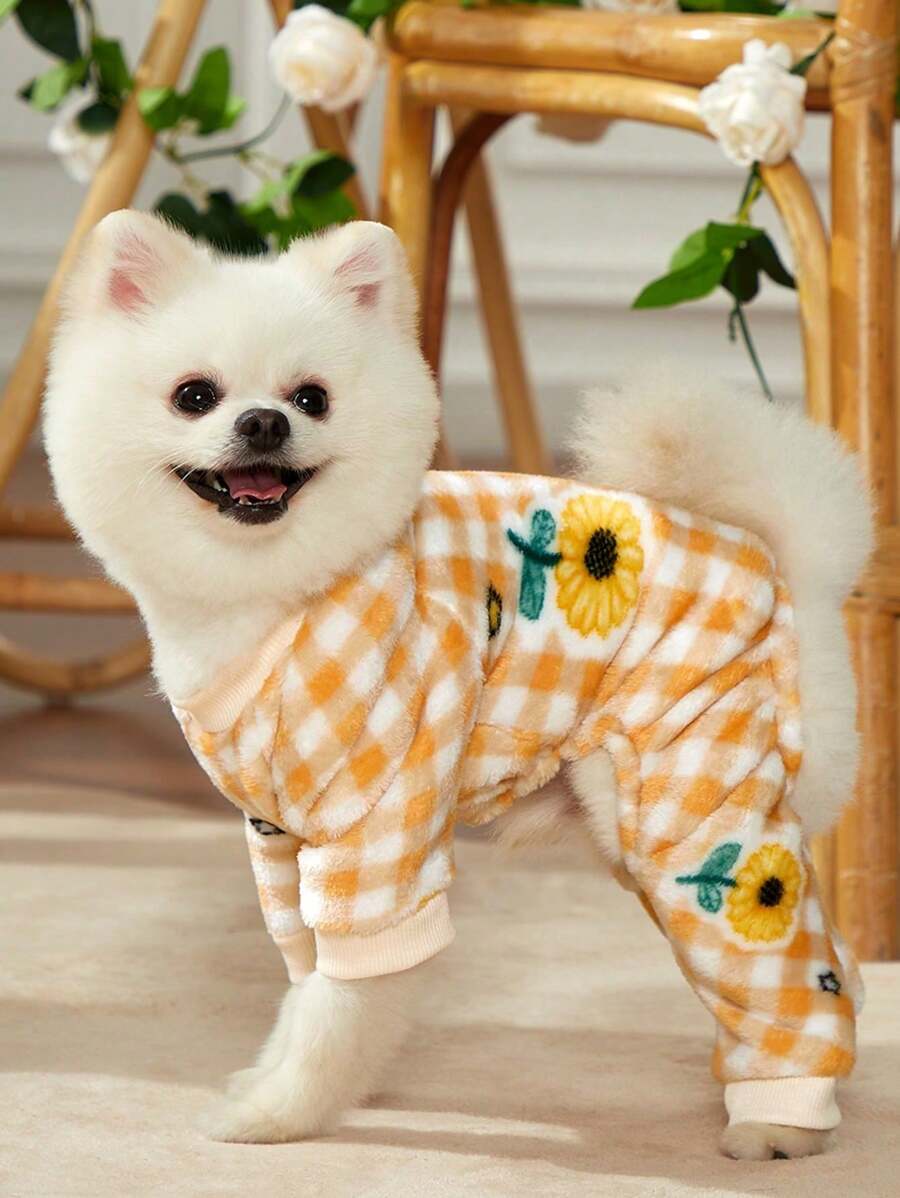 PETSIN 1 件宠物黄格子向日葵羊毛连体衣 - 彩色 - 查看 1