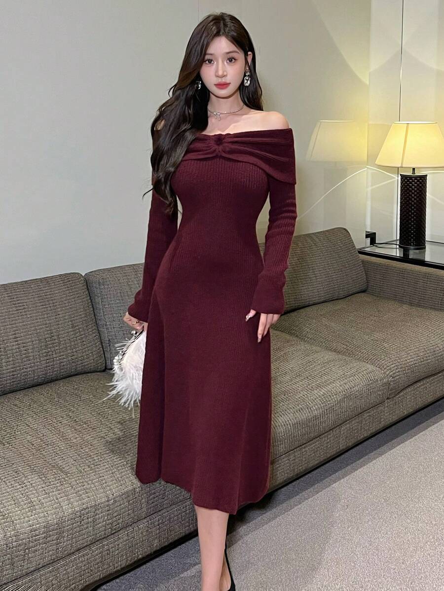 DAZY Valentine's Day Solid Color Off Shoulder Bow Knitted Mid-Length Sweater Dress For Women,Fall Clothes Fleece Lined Red Women Dresses Prom Dress
