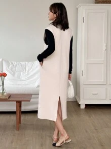 DAZY Women's Long Solid Color Elegant Sleeveless Collared Sweater Dress,Fall Clothes - Apricot - View 3