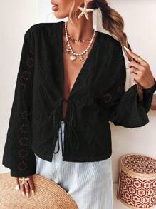 SHEIN VCAY Plus Size Women's Casual Solid Color Woven Long Sleeve Front Tie Detail Loose Shirt