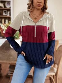 SHEIN LUNE 大码女式秋季撞色长袖拉链半开襟抽绳卫衣，适合毕业季、返校季穿着，也适合教师穿着。 - 彩色 - 查看 3