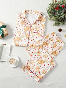 Bộ đồ ngủ tay ngắn in hình bánh quy Giáng sinh cỡ lớn và quần dài, bộ đồ ngủ bánh gừng phong cách thường ngày - Nhiều màu - Xem 3