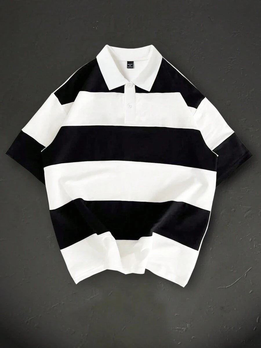 Manfinity Hypemode Men's Striped Print Short Sleeve Loose Casual Polo Shirt,Boy Friend Gifts, All Seasons - White - View 1