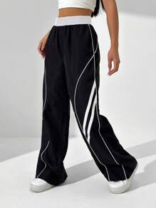 StreetHx Women's Casual Elastic Waist Contrast Piping Loose Wide Leg Pants