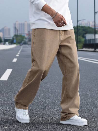 Manfinity Homme 大码男士休闲水洗直筒牛仔裤纯色长款水洗卡其色直筒工装牛仔裤浅色牛仔裤，适合送给老公、男朋友的礼物