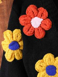 SHEIN Áo len cardigan ngắn tay dài họa tiết hoa cho bé gái, thu đông - màu đen - Xem 5