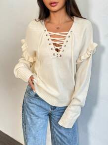 Chiquease Suéter feminino com decote em V e cordão e bainha com babados, outono - Damasco - Ver 3