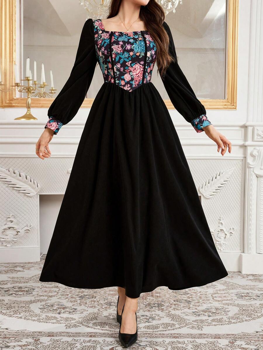 Mulvari 女式休闲花卉印花方领修腰简约长袖连衣裙，秋季