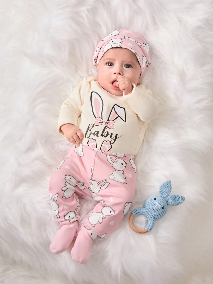 SHEIN 3件套新生女宝宝秋冬可爱卡通针织弹力长袖连体衣、裤子和帽子套装 - 白色 - 查看 1