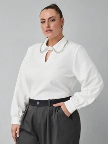 SHEIN Clasi Plus Size Rhinestone Decor Casual Shirt, Autumn - White - View 4