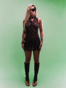 SUMWON WOMEN Music Festival Sheer Lace Up Front Draw String Ruched Mini Dress - Black - View 3