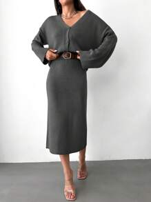 EURMUSE Women's Solid Color Knitted Sweater 2pcs/set - Dark Grey - View 6