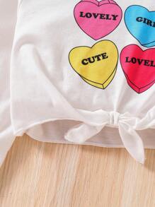 SHEIN Young Girl Casual Cute Heart Print Long Outerwear Coat With Fashionable Knotted Tee And Leggings Set, Autumn - Beige - View 6