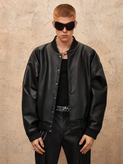 Street Life Men's Plain Color PU Leather Baseball Jacket, Casual, Autumn