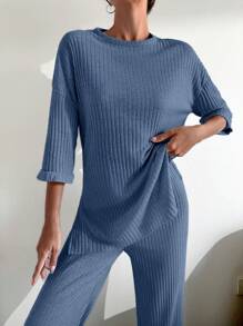 EURMUSE 100%Cotton Drop Shoulder Tee & Wide Leg Pants - Dusty Blue - View 3
