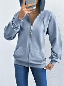 EURMUSE Fall Casual 100%Cotton Zip Up Drawstring Hoodie - Baby Blue - View 4