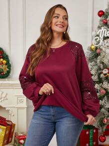 EMERY ROSE 大码冬季女式长袖红色亮片拼布插肩袖圆领宽松圣诞运动衫，优雅女士 - 酒紅色 - 查看 4