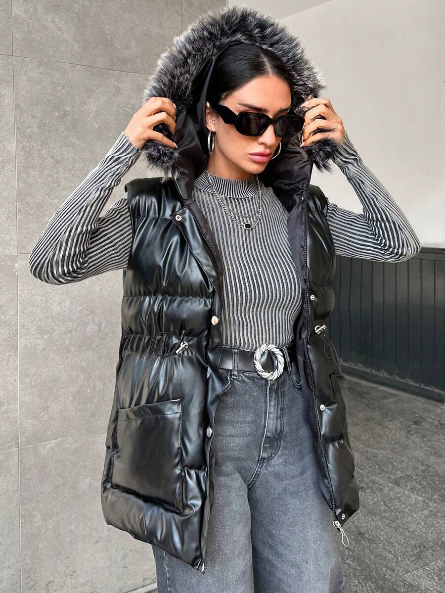 EURMUSE Women's Hooded Fur Collar Drawstring Padded Waistcoat Jacket - Black - View 1