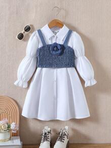 2pcs/Set Girls Fashionable Puff Sleeve Shirt Dress + Casual Flower Strap Vest Outfit, Fall/Winter