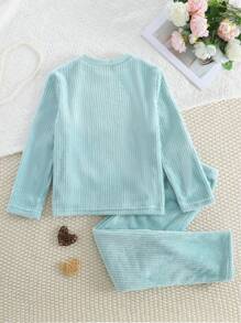 2 件装 Tween Girl 休闲纯色长袖上衣和松紧腰长裤家居服套装，蓝色 - 藍色 - 查看 2