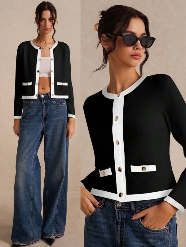 Poéselle Women's Black And White Color Block Long Sleeve Trim Metal Button Front Knit Cardigan, Loose And Elegant Long Sleeve Wool Knit Cardigan, Short Long Sleeve Cardigan, Soft And Warm Knit Tops, Small Fragrant Style Knit Tops, Suitable For Lounging, Formal And Elegant Occasions, Suitable For Spring And Autumn Seasons