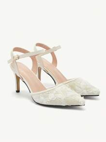 CUCCOO HITCHD Almond Color Lace & Mesh Pointed Toe Elegant Versatile Women Stiletto Heels Backless Pumps - Apricot - View 2