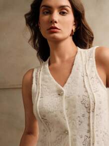Anewsta Elegante camiseta de tirantes de encaje a rayas beige, versátil y cómoda para mujer - Beis - Ver 2