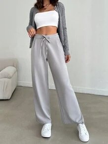 EURMUSE Women Neutral Drawstring Waistband Pants - Light Grey - View 1