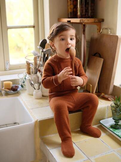 SHEIN 2 piezas Conjunto de suéter de cuello redondo de manga larga de unicolor para niño bebé