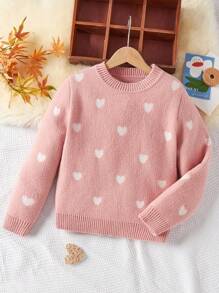 SHEIN 青少年女孩超大休闲简约舒适长袖圆领心形图案米色毛衣 - 彩色 - 查看 1