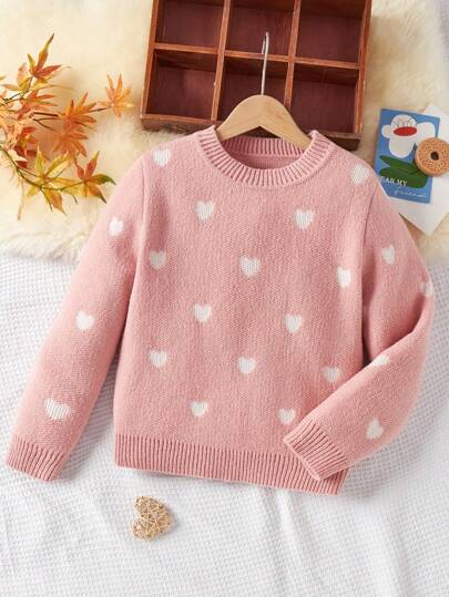 SHEIN 青少年女孩超大休闲简约舒适长袖圆领心形图案米色毛衣