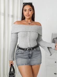 SHEIN EZwear 大码女式罗纹圆领长袖灰色 T 恤 - 灰色 - 查看 1