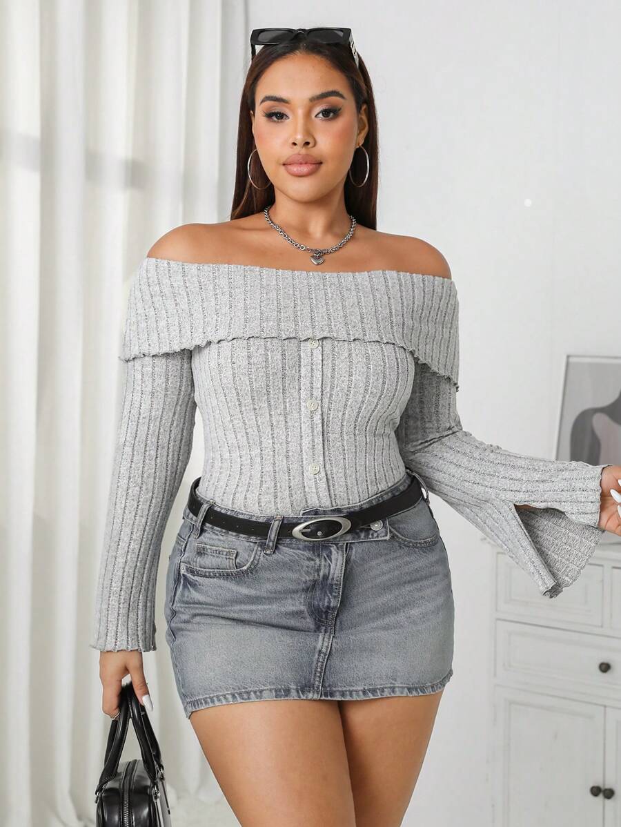 SHEIN EZwear 大码女式罗纹圆领长袖灰色 T 恤 - 灰色 - 查看 1