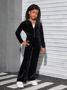 SHEIN Tween Girls' Velvet Hooded Cardigan & Pants Sporty Casual Set