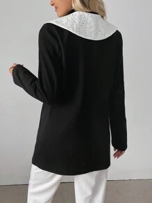 SHEIN Clasi 女式拼色缝线前扣口袋长袖休闲外套 - 黑色 - 查看 2