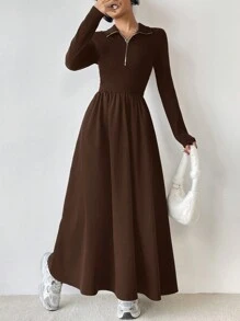 SHEIN EZwear Women's Solid Color Half Zip Long Sleeve Casual Dress - Brown - View 1
