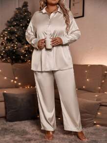 SHEIN Clasi 2pcs Plus Size Casual Front Button Dropped Shoulder Shirt And Pants Set, Autumn