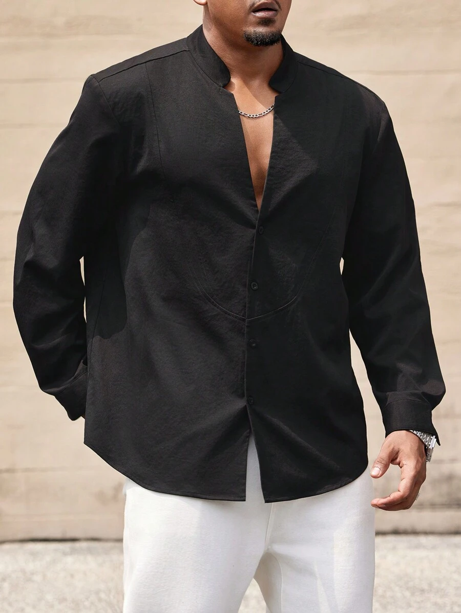 Manfinity Homme 大码男士休闲纯色缺口领长袖衬衫，秋季 - 黑色 - 查看 1