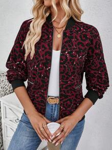 SHEIN LUNE Áo khoác bóng chày họa tiết da báo dành cho nữ cho ngày trở lại trường/ngày thể thao, mùa thu đông - Màu Đỏ Sâu - Xem 6