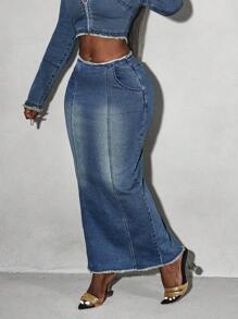 Slaydiva 女式休闲牛仔裙，带口袋和磨边下摆 - 中等水洗藍 - 查看 4