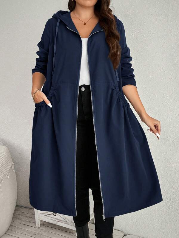 SHEIN LUNE معطف أنيق متوسط الطول مقاس كبير بتصميم مزود بجيب وغطاء رأس للخريف والعطلات، عازل للحرارة