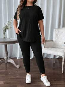 SHEIN LUNE 2pcs Plus Size Ribbed Short Sleeve Top & Casual Pants Set - Black - View 1