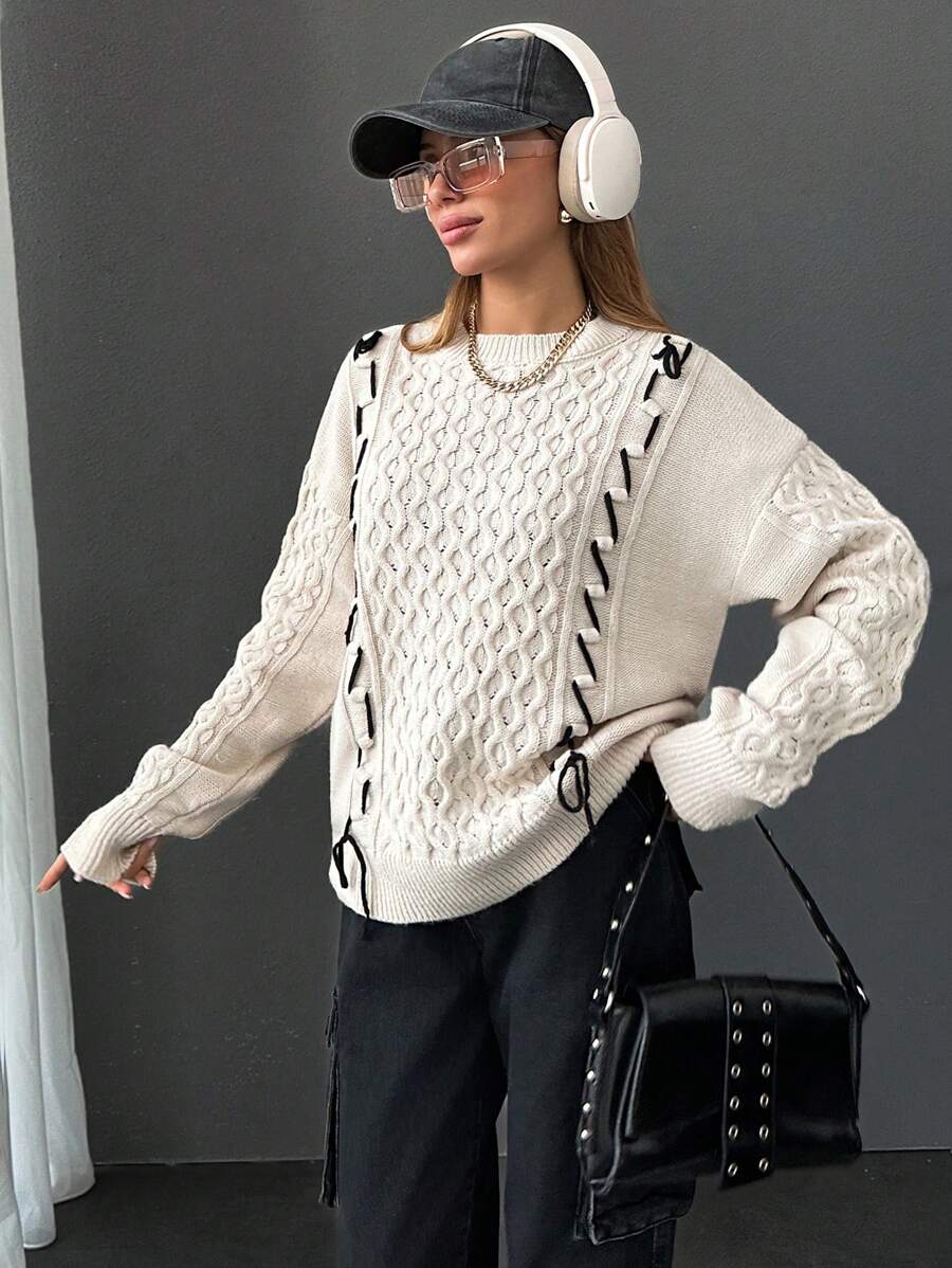 EURMUSE Spring Handmade Twist Rope Knit Women Sweaters, Loose Casual Korean Style Knitted Tops - Beige - View 1