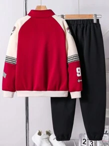SHEIN 2pcs Tween Boy Streetwear Letter Print Color Blocking Fleece Jacket And Pants Set