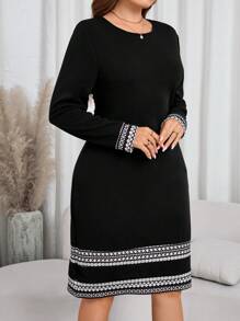 SHEIN Clasi 大码女式秋季几何印花圆领长袖休闲连衣裙 - 黑色 - 查看 3