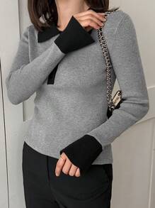 DAZY Suéter elegante de manga larga de punto con ribete contrastante y botones delanteros para mujeres