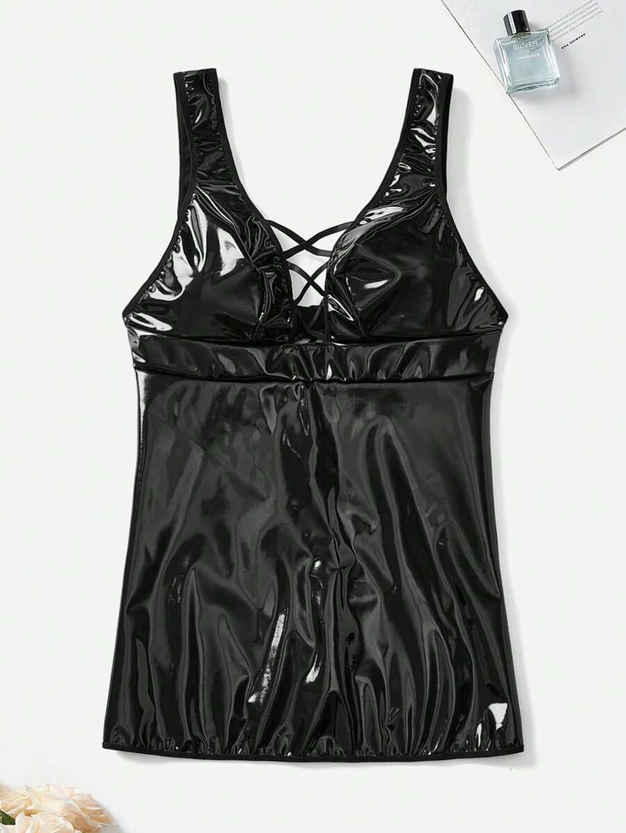 Plus Size Sexy Cross Back Cami Chemise Lingerie - Black - View 1