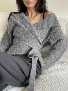 DAZY Women's Casual Solid Color Drop Shoulder Loose Hooded Cardigan With Drawstring Waist,Fall Clothes - Grey - View 1