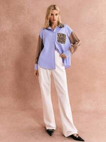 Poéselle Camisa casual de diario de mujer con bolsillo, manga larga, cierre frontal con botones, estampado de leopardo y bloques de color, ropa de mujer para otoño e invierno, de estilo chic sin esfuerzo, 24 FW